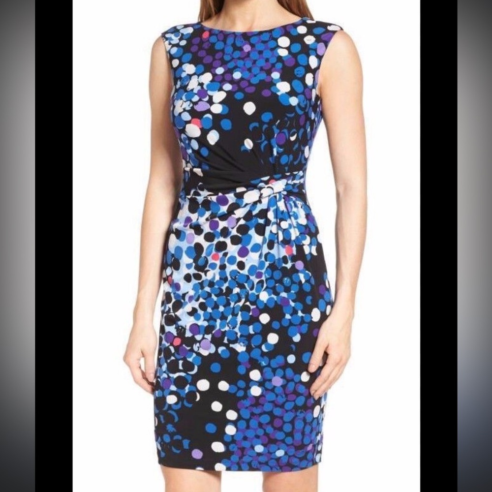 ANN KLEIN Colorful Sleeveless Polka Dot Dress - Black and Blue
